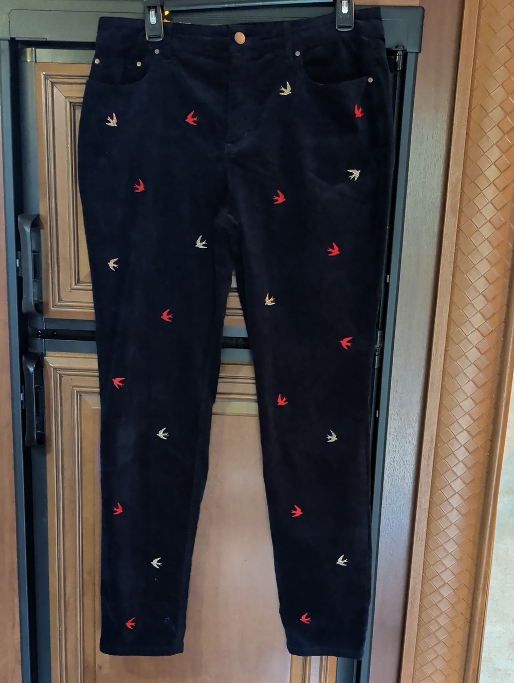 Boden Blue Skinny Pants with Red & Cream Embroidered Birds